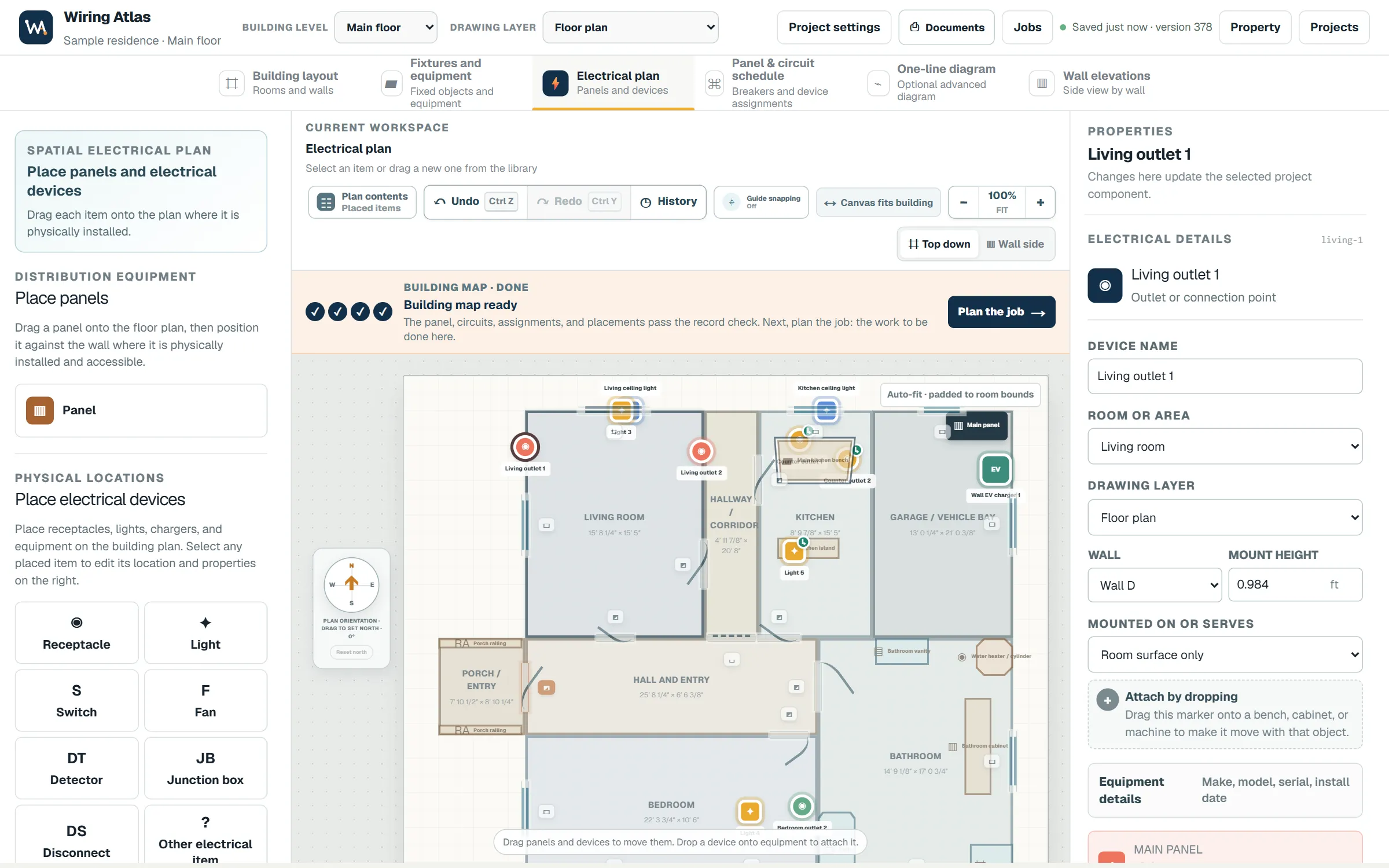 The Wiring Atlas plan editor showing a house with its rooms, panel, lights, outlets, and EV charger